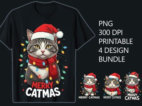 Merry Catmas T-Shirt Design Bundle: 4 Festive PNGs for Creators